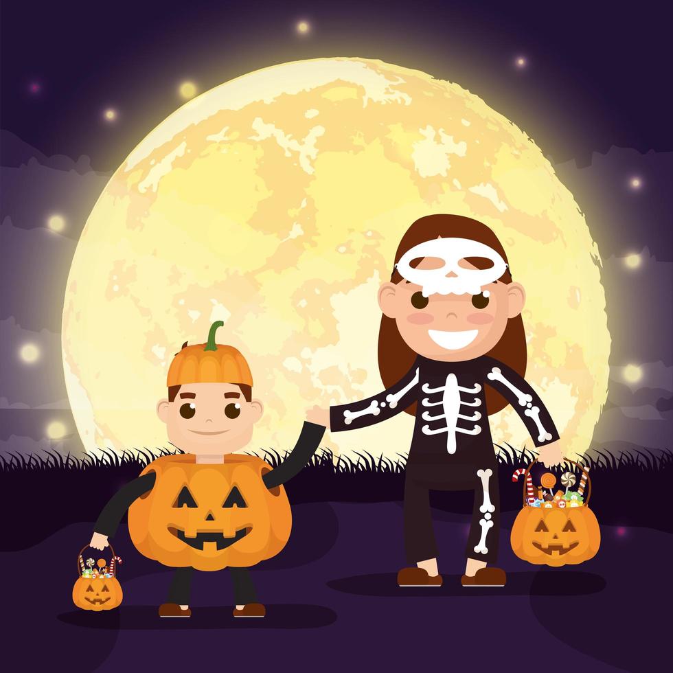 Halloween dunkle Szene mit Kürbis und Kindern in Kostümen vektor