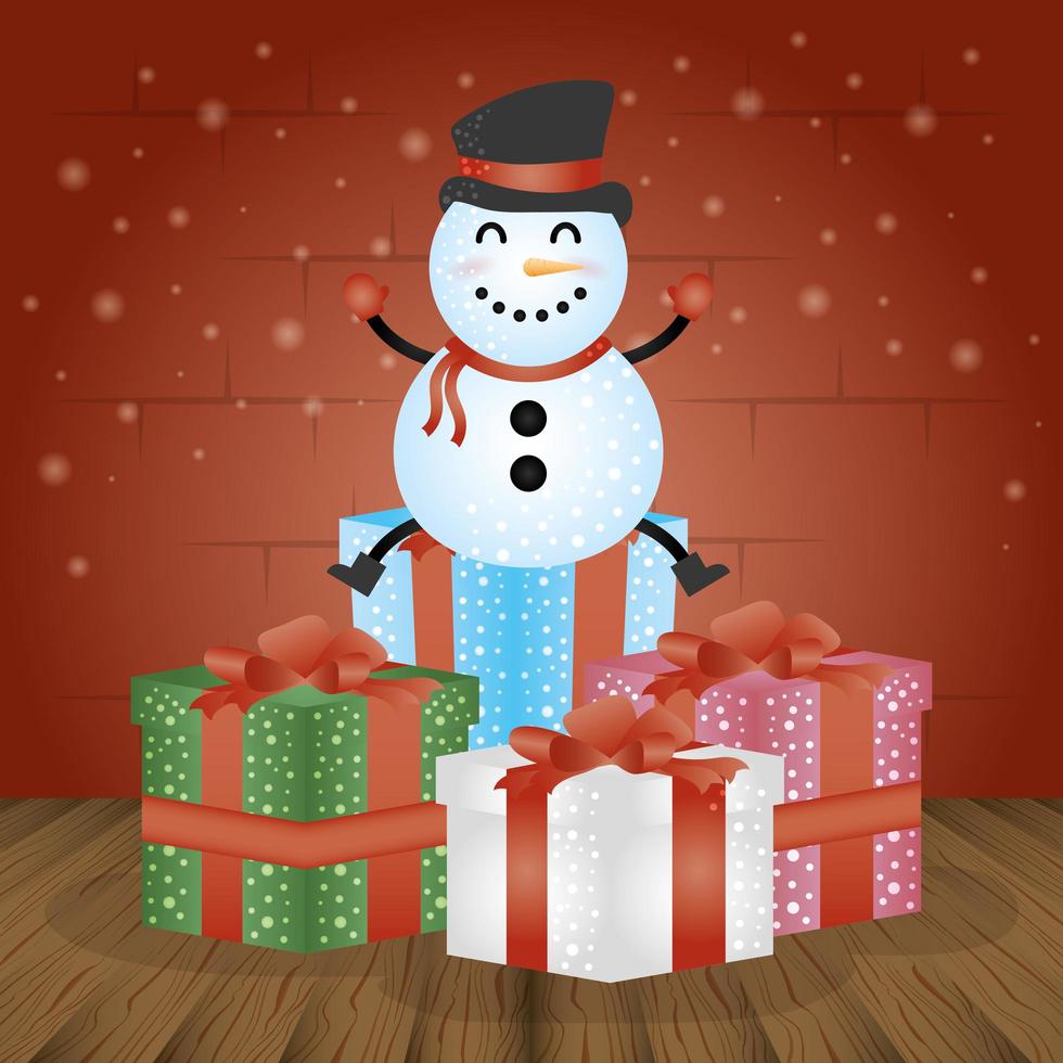 Frohe Weihnachtskarte mit Geschenken und Schneemann vektor