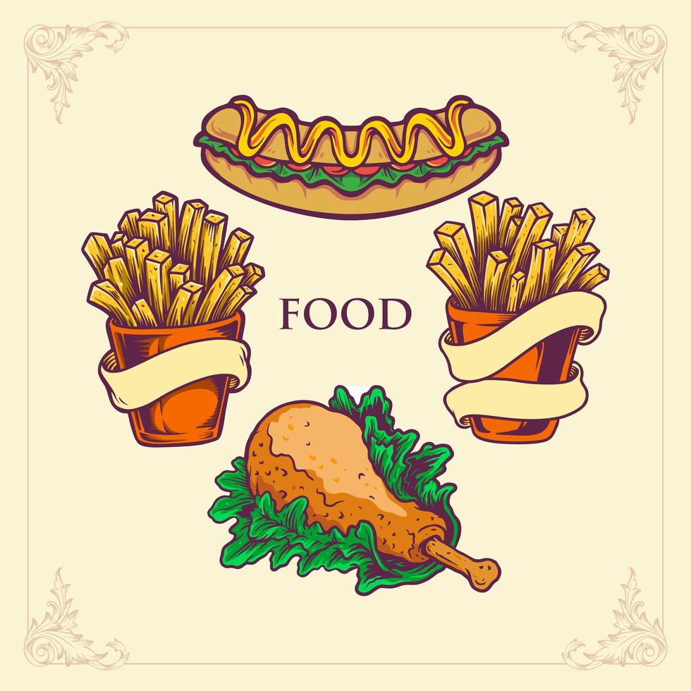 snabbmat hotdog, kyckling pommes frites illustration set vektor