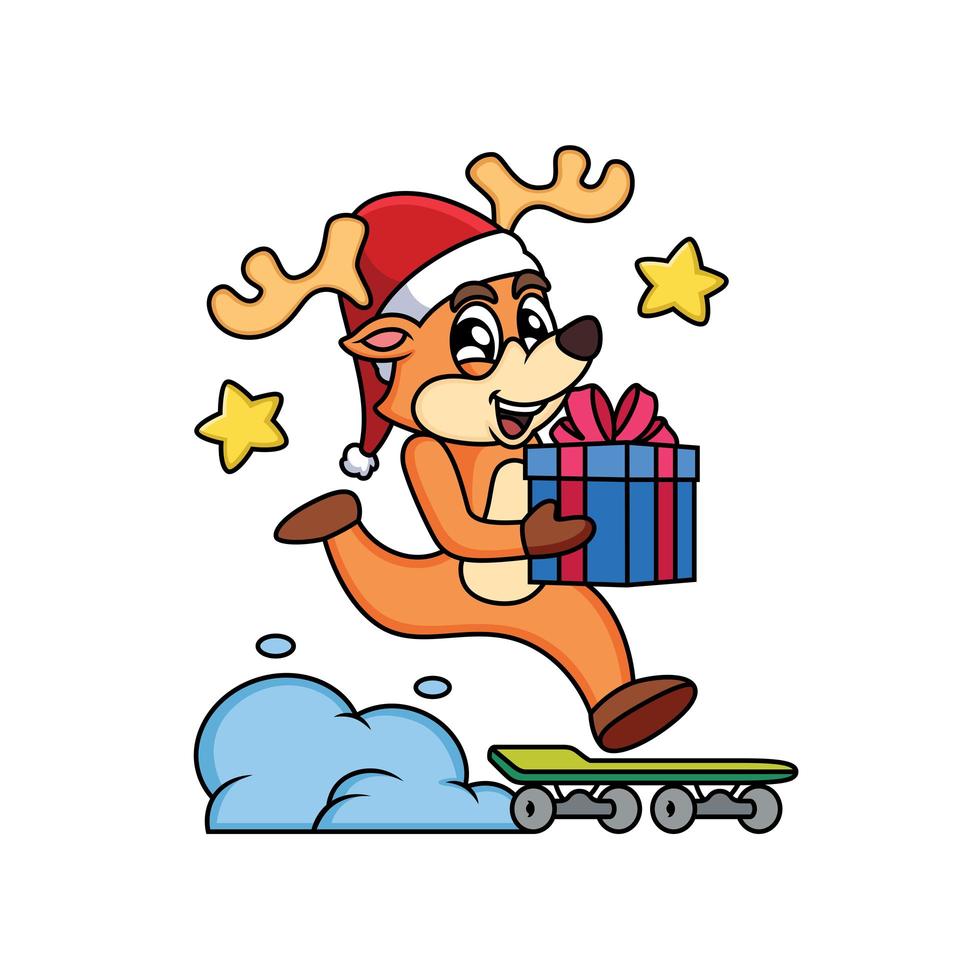 Hirsch Weihnachten Zeichentrickfigur bringt Geschenk mit Skateboard. Tierikonenkonzept im weißen Hintergrund. vektor