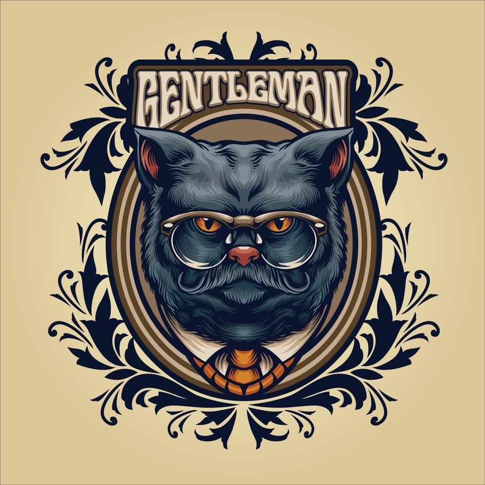 grå katt gentleman med glasögon och ram ornament vektor
