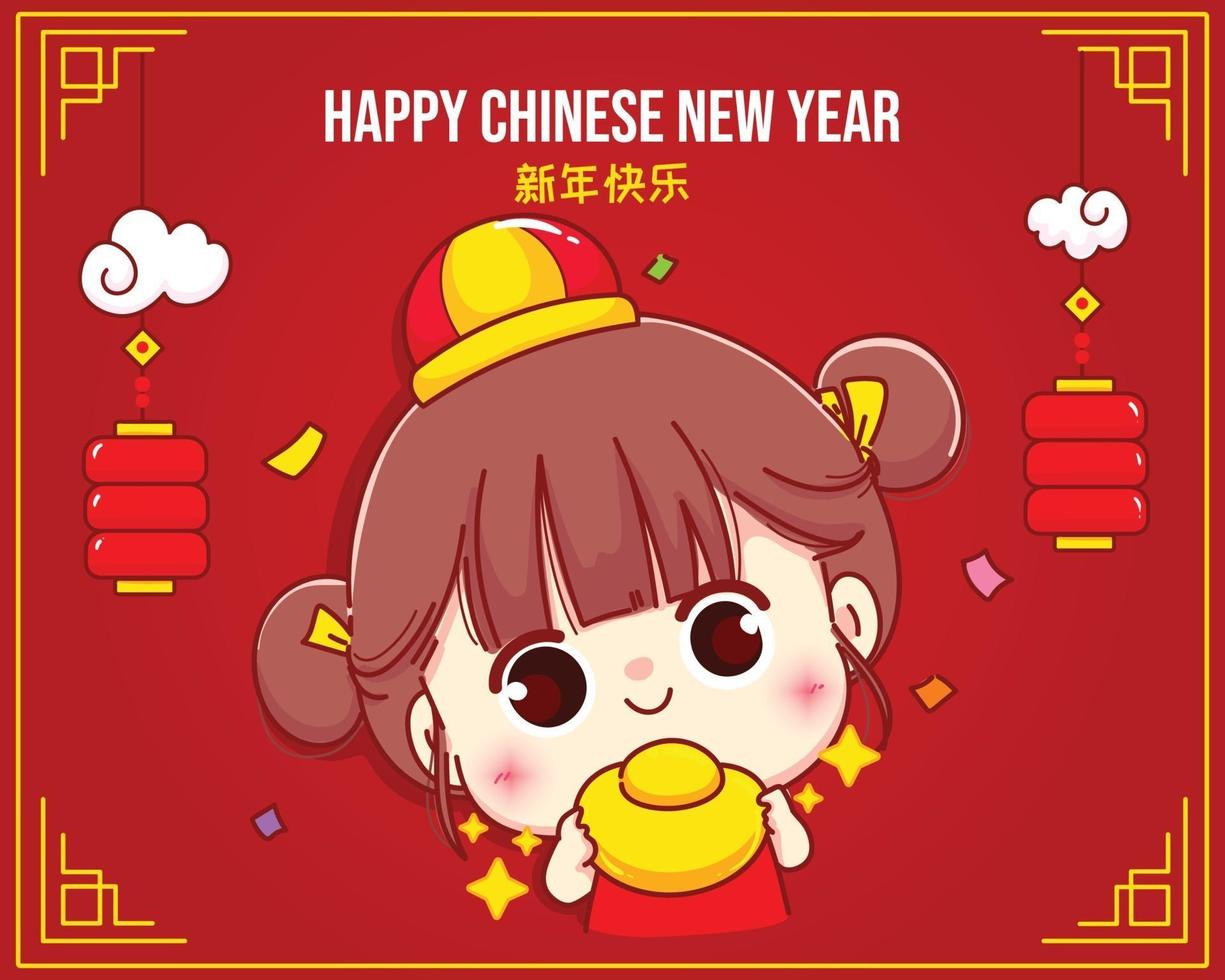 glückliches Mädchen, das chinesisches Gold hält, glückliche chinesische Neujahrsfeierkarikaturcharakterillustration vektor