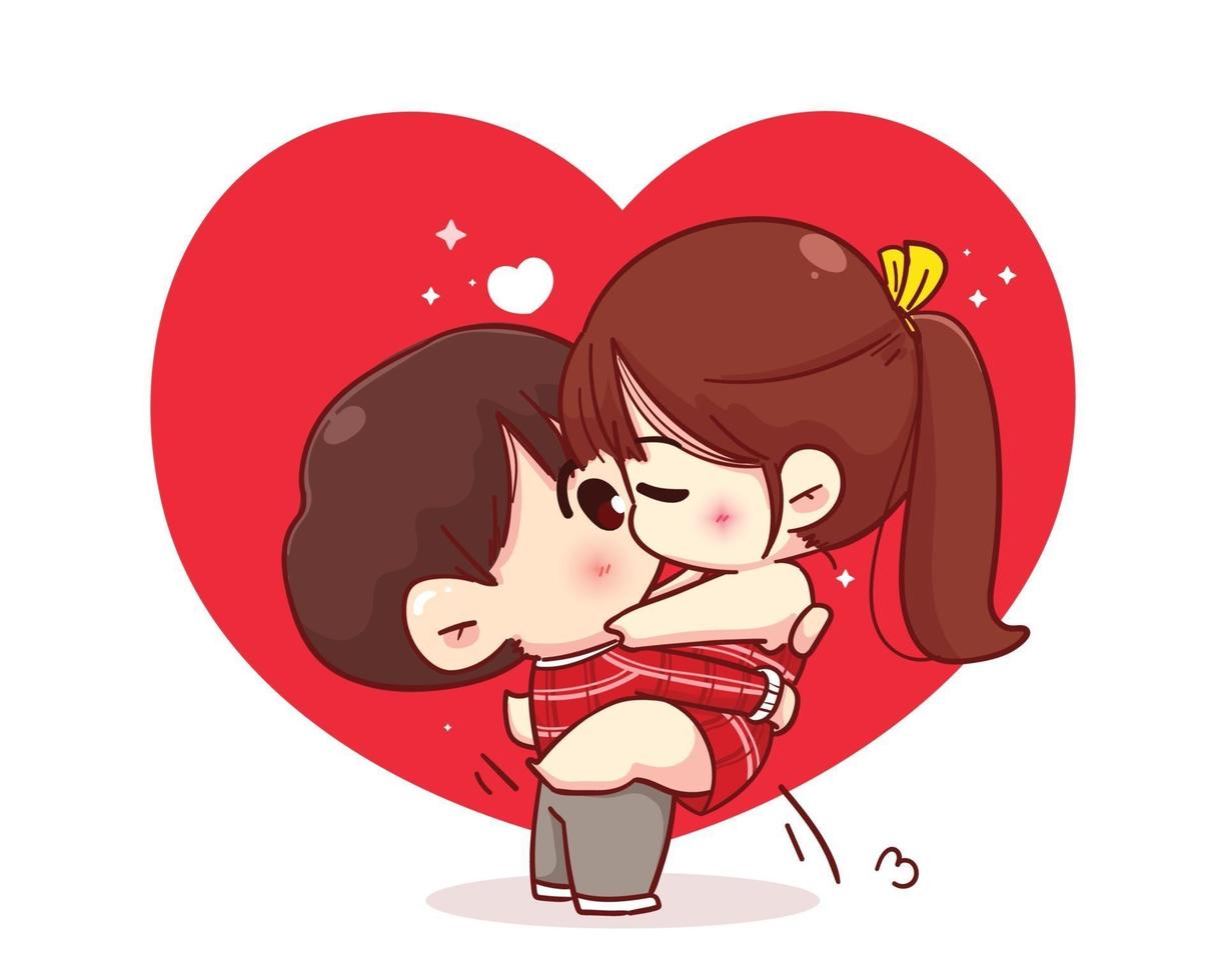Paar, das glückliche Valentinstagkarikaturcharakterillustration küsst vektor