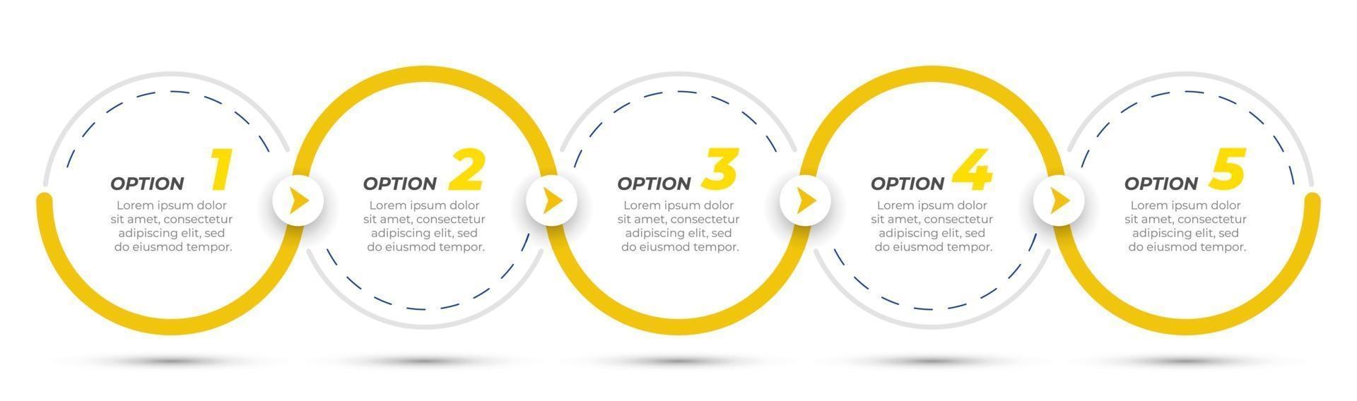 Infografik-Designetikett der Zeitachse mit Kreisen und Pfeilen. Geschäftskonzept mit 5 Optionen oder Schritten. kann für Workflow-Diagramme, Präsentationen, Info-Diagramme verwendet werden. vektor