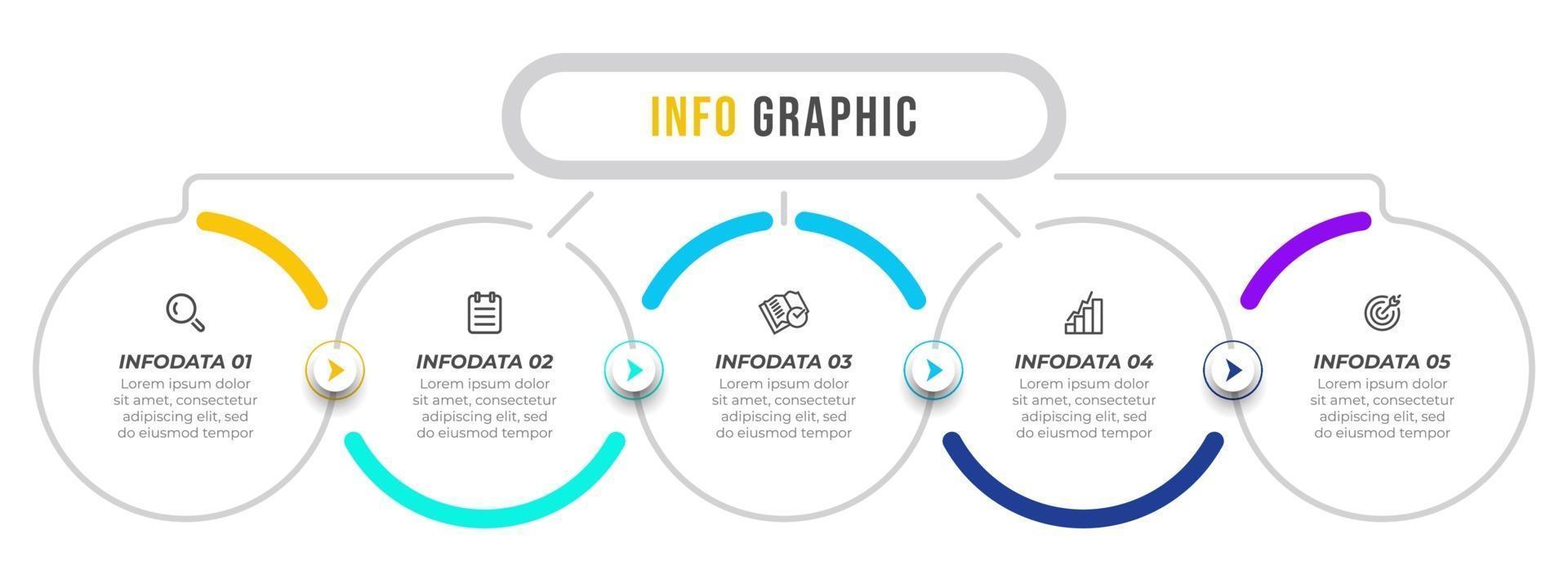 Infografik Vektor Design Vorlage mit Pfeilen und Symbolen. Geschäftskonzept mit 5 Optionen oder Schritten. kann für Präsentationen, Geschäftsbericht, Infotabelle verwendet werden.