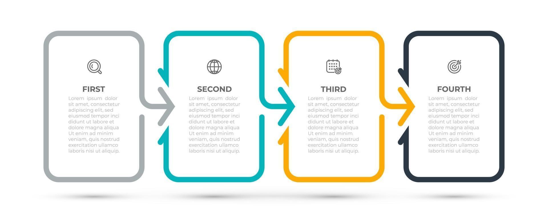 affärsinfografisk mall designelement med pil och ikoner. tidslinje med fyra alternativ eller steg. vektor illustration. kan användas för arbetsflödeslayout, infodiagram, infografik, webbdesign.