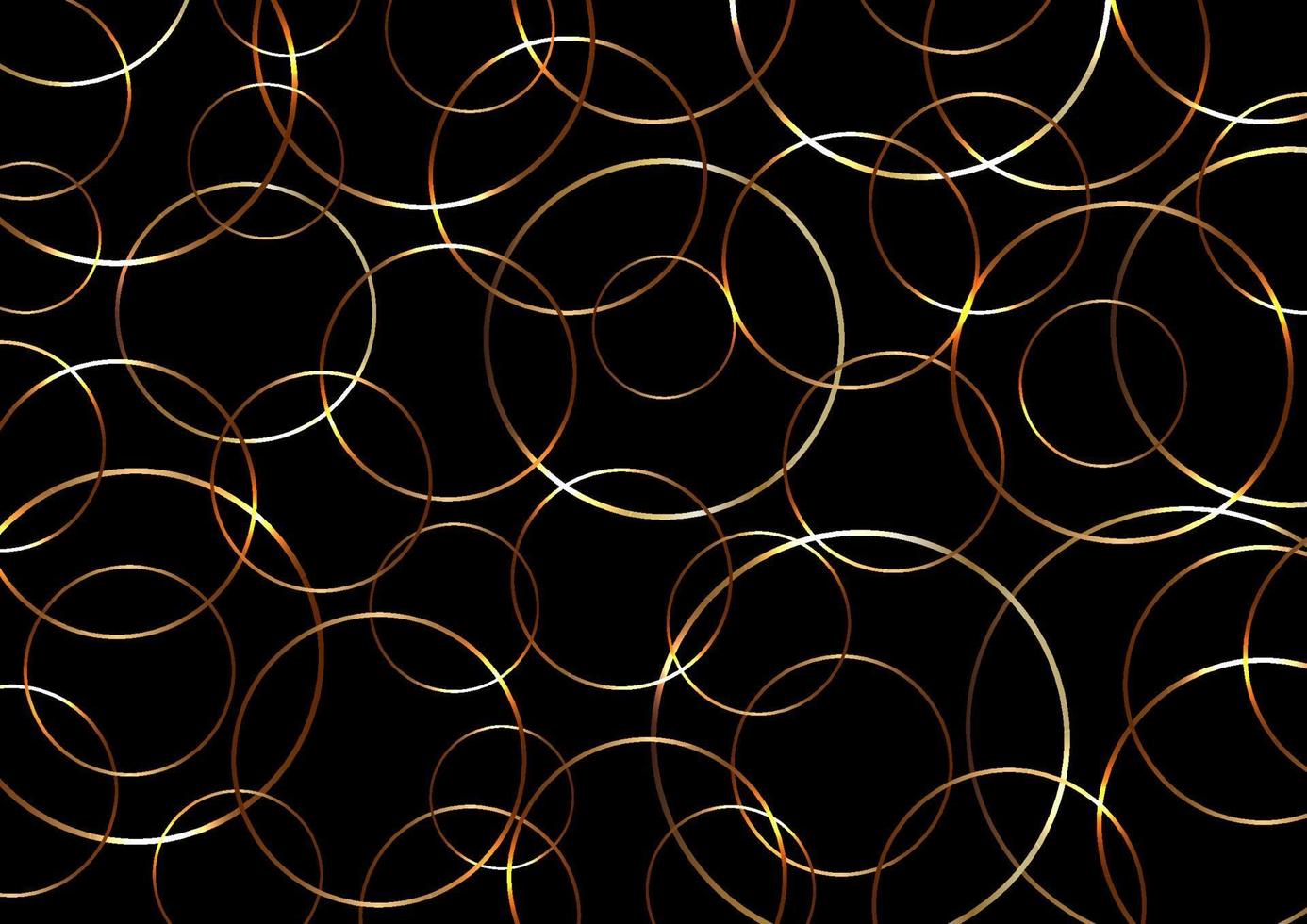 abstrakta guld cirklar linjer överlappande mönster på svart bakgrund med ljus. vektor