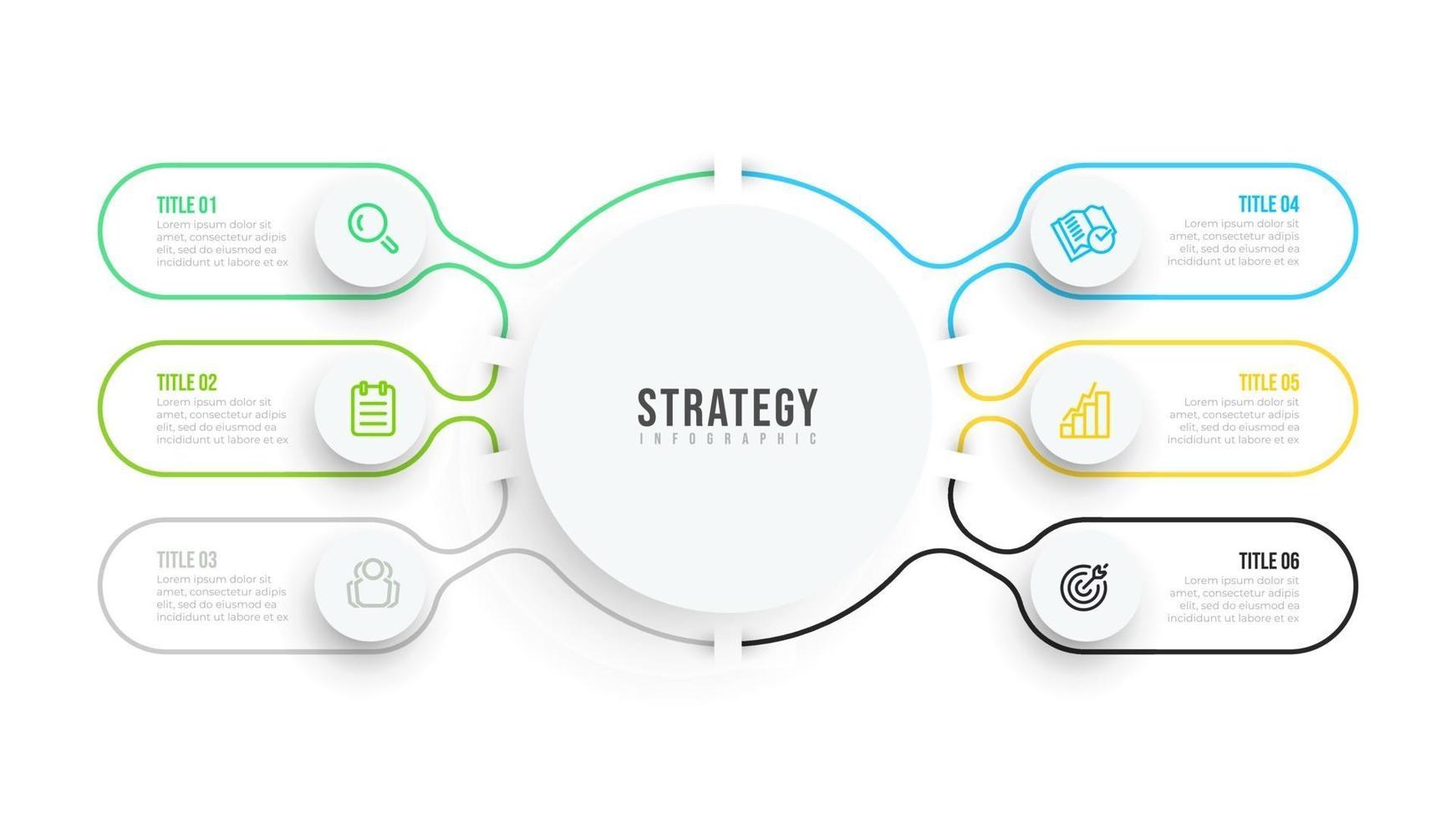 dünne Linie flache Infografik Vorlage. Design der Visualisierung von Geschäftsdaten mit Symbolen und 6 Optionen oder Schritten. kann für Workflow-Diagramm, Prozessdiagramm, Jahresbericht verwendet werden. vektor