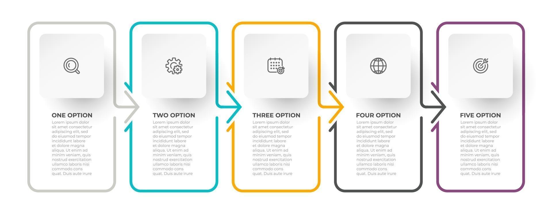 Timeline-Infografik-Vorlage. Business Concept Thin Line Design mit Pfeilen und 5 Optionen oder Schritten. vektor