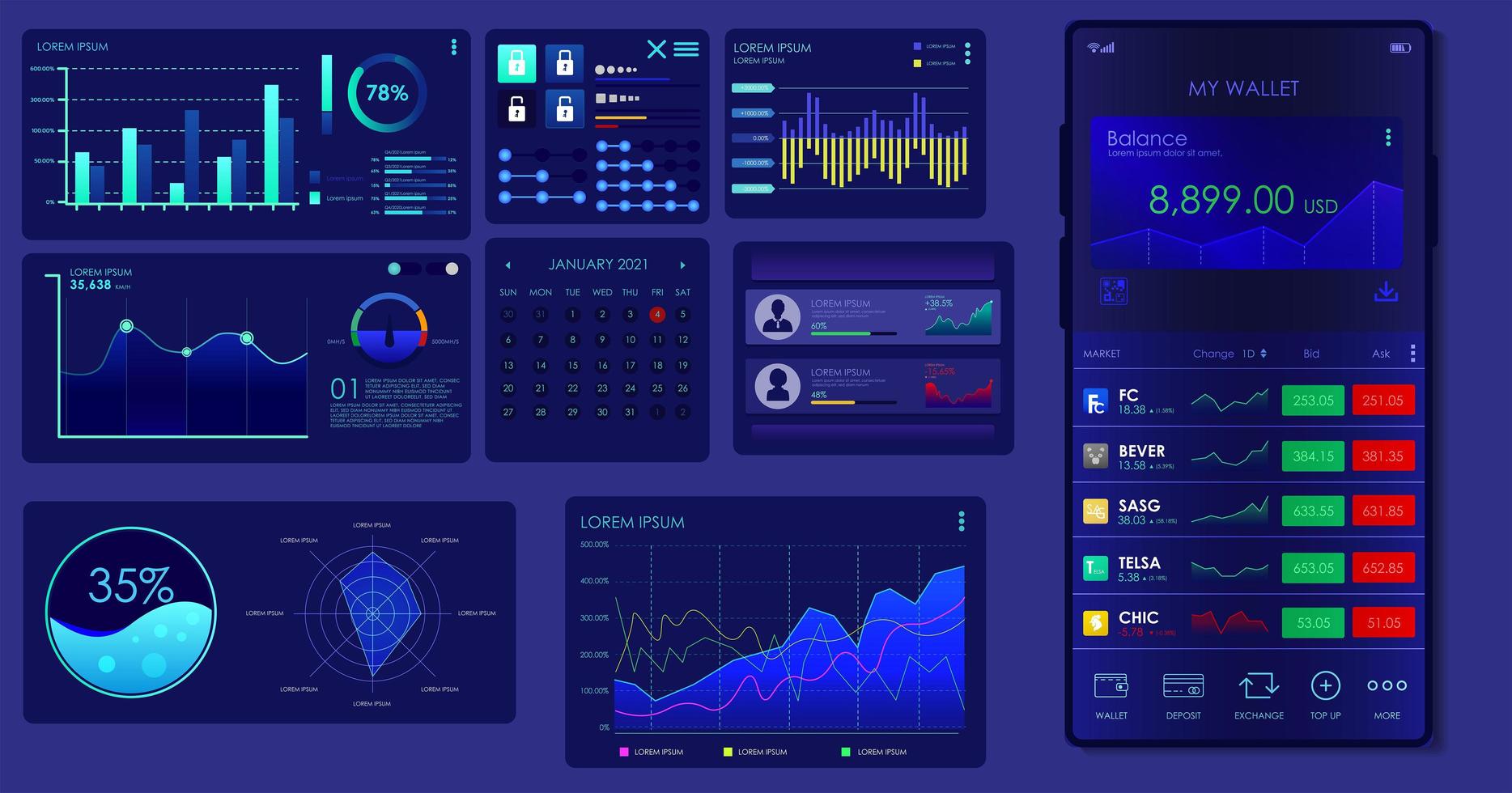 Infografik Vektor Vorlage UI UX Analytics Finanz Landing Page