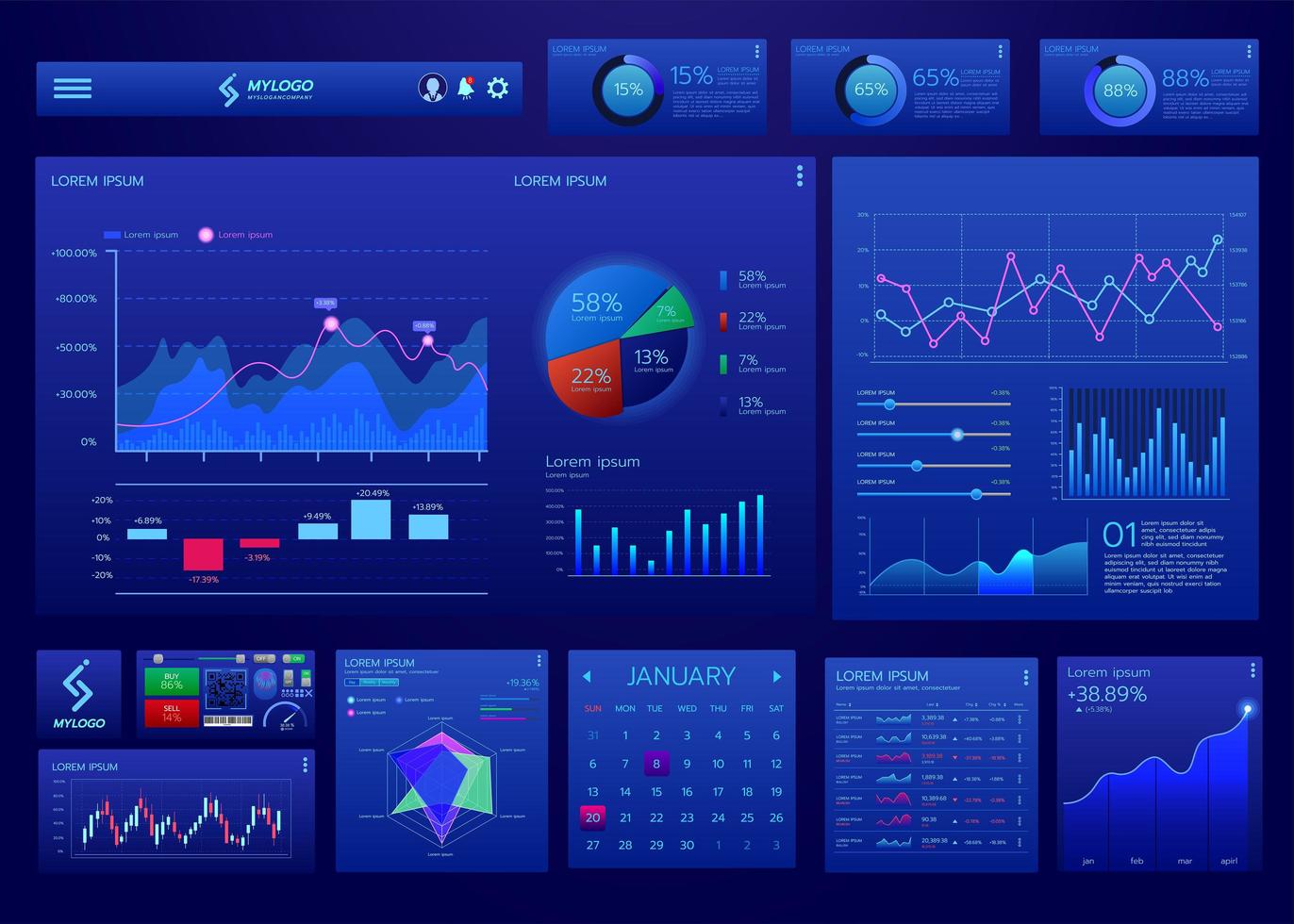 ui ux digital blå instrumentpanel infographic vektor mall