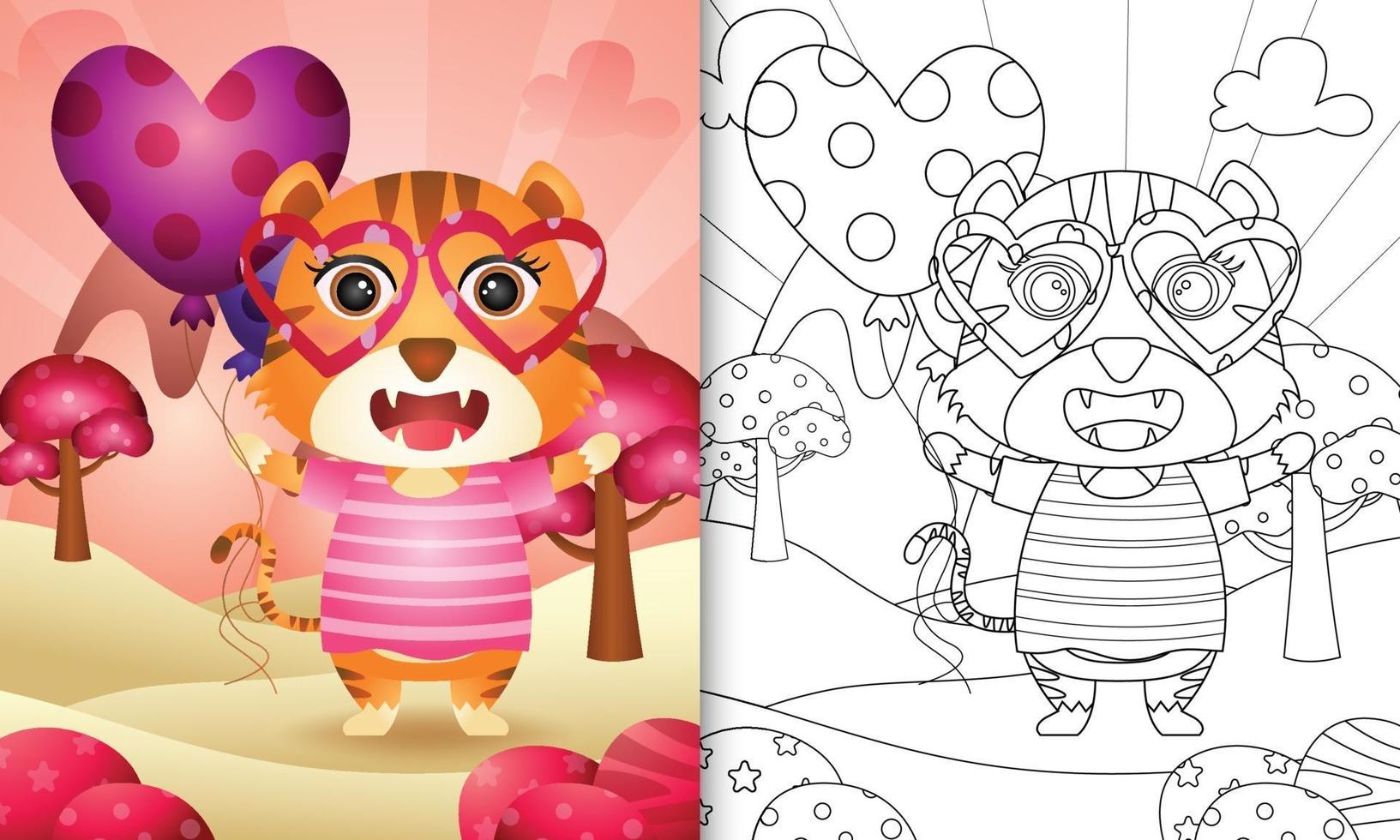 målarbok för barn med en söt tiger som håller ballongen för alla hjärtans dag vektor