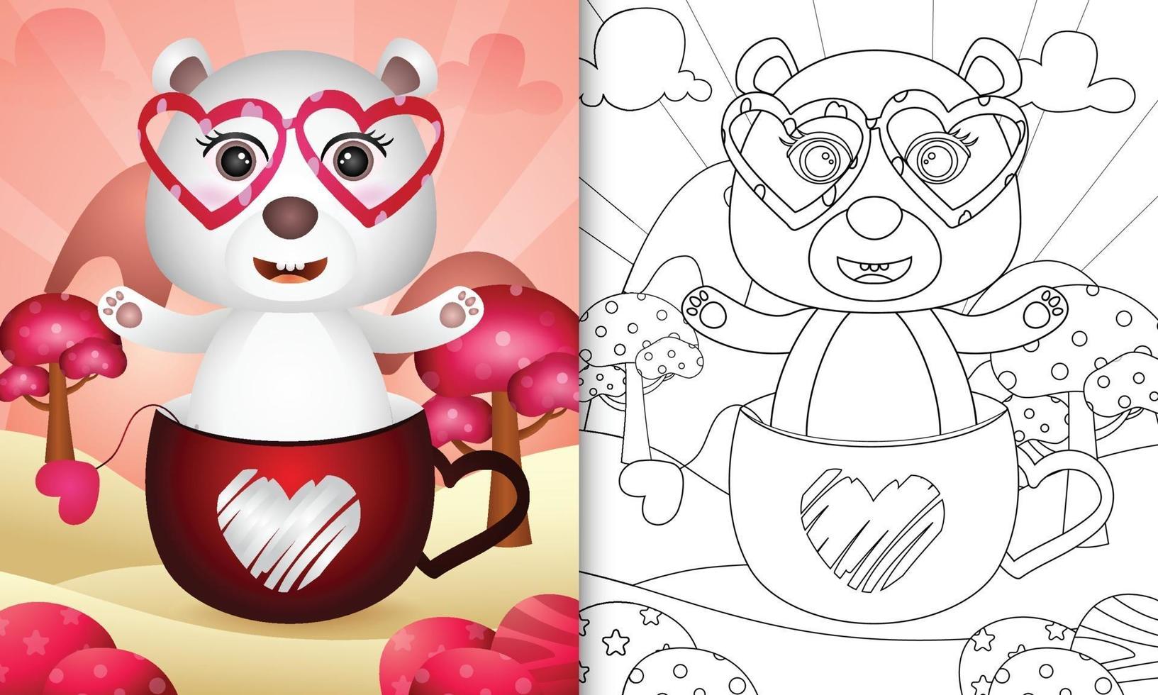 Malbuch für Kinder mit einem niedlichen Eisbären in der Tasse zum Valentinstag vektor