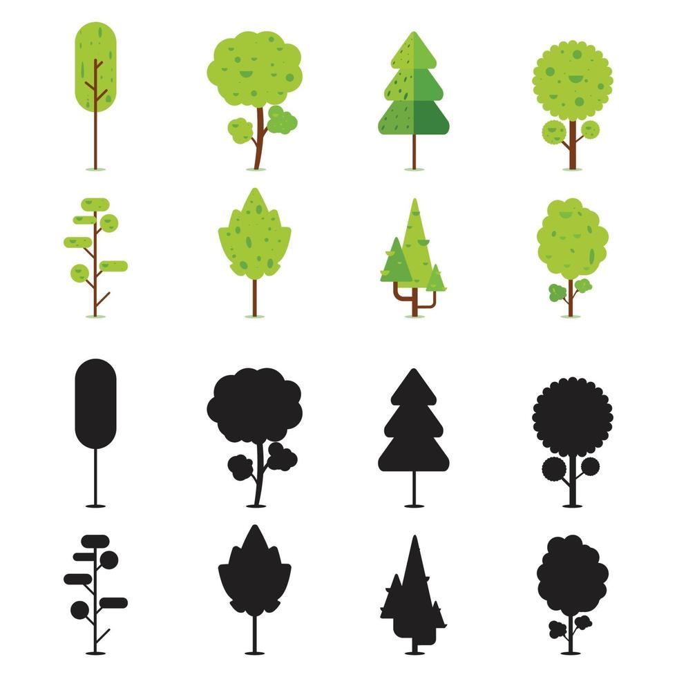 samling av åtta platta träd med silhuetter vektor