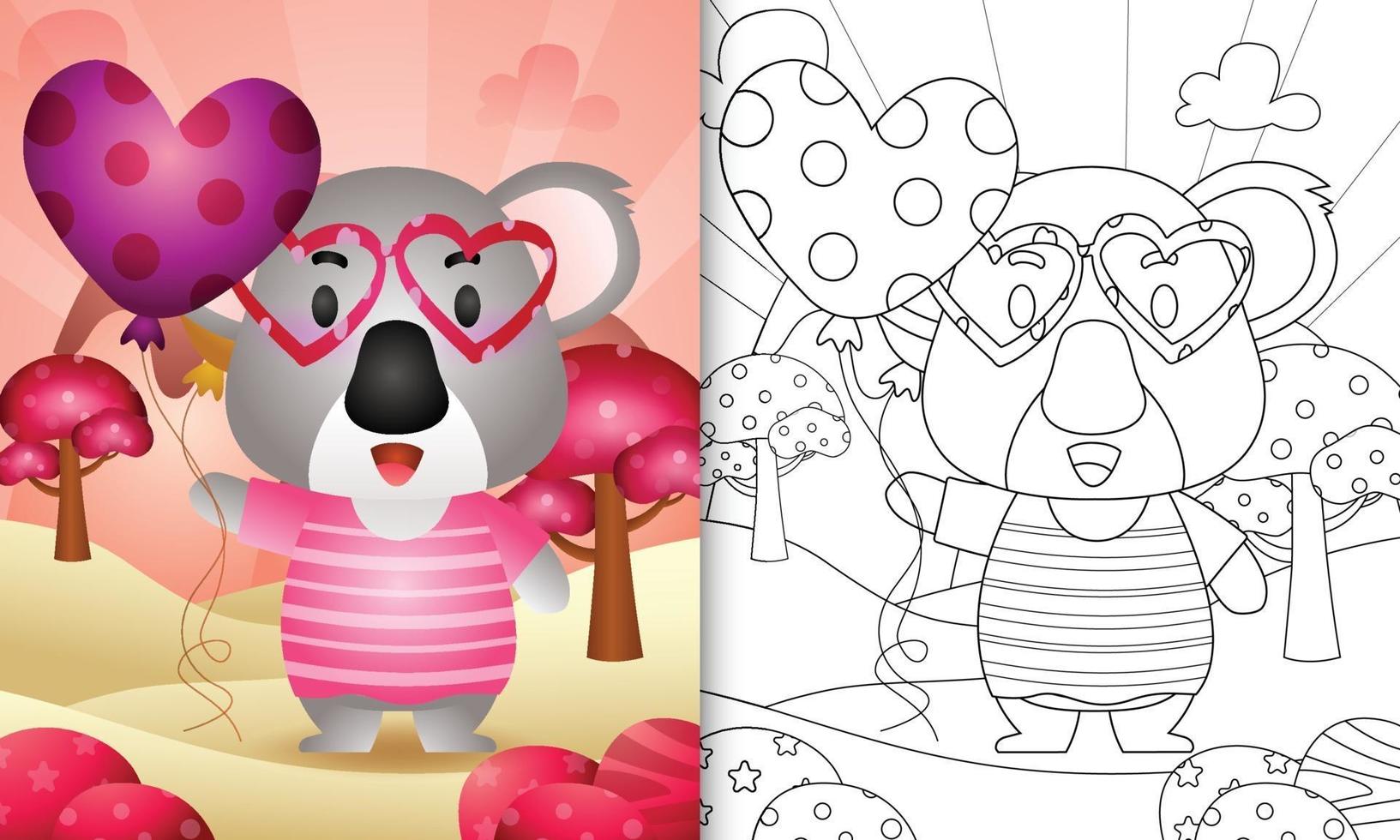Malbuch für Kinder mit einem niedlichen Koala, der Ballon für Valentinstag hält vektor