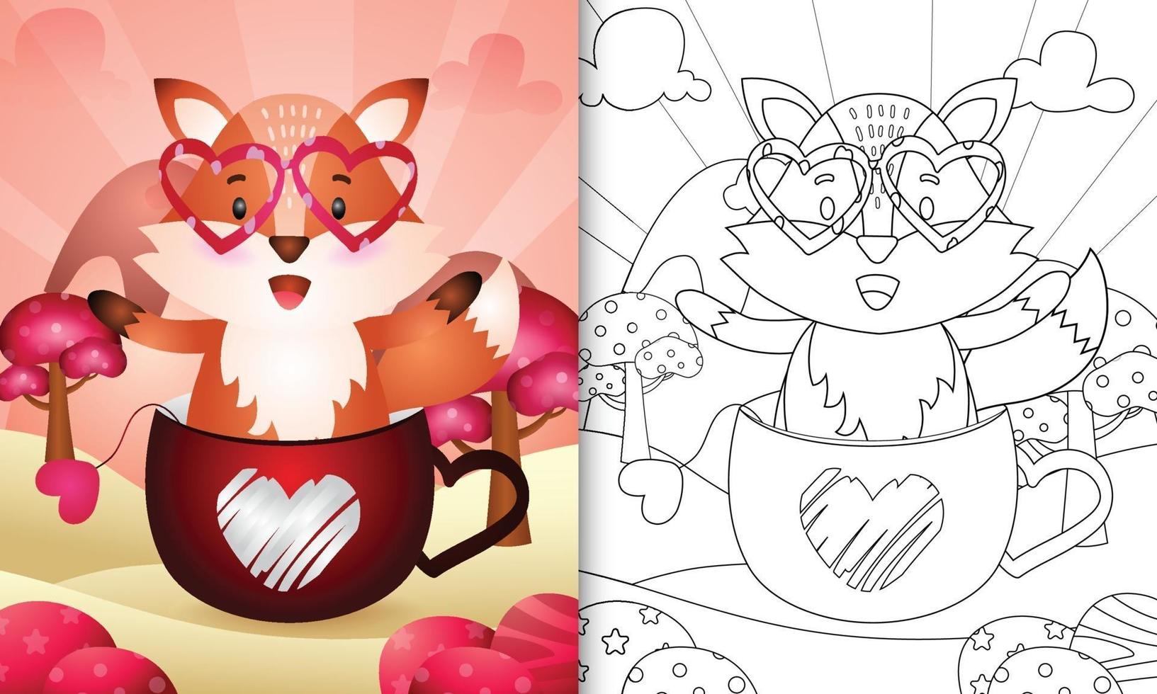 målarbok för barn med en söt räv i koppen för alla hjärtans dag vektor