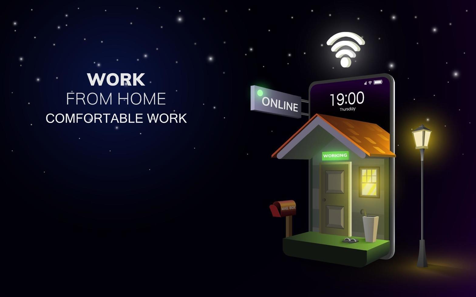 digitalt online-arbete hemifrån-applikation på mobil eller bärbar dator i nattbakgrund. socialt distans koncept vektor