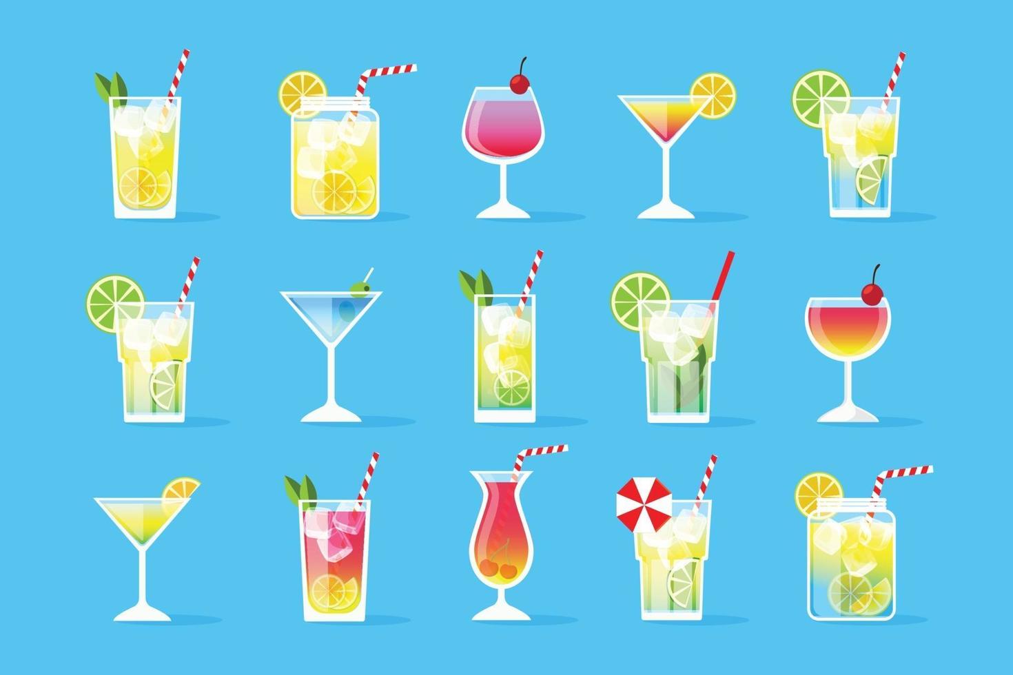 Cocktails setzen Menü, flache bunte Vektorillustration, lokalisiert auf blauem Hintergrund vektor