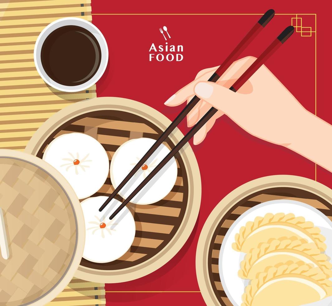 Dim Sum Illustration Vektor von chinesischem Essen, asiatisches Essen Dim Sum im Dampfer