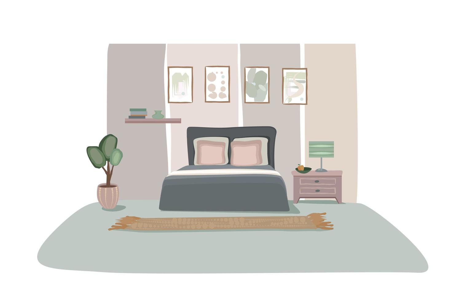 sovrum design. framifrån av modernt sovrum med möbler. mysig heminredning. lägenhet snygg dekoration vektor
