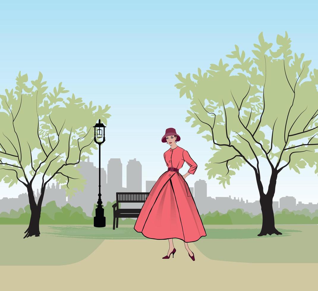 retro mode klädd kvinna 1950-talet 1960-talet i stadsparklandskap vektor