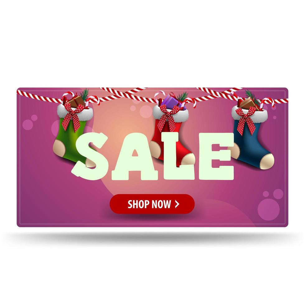 Weihnachtsverkauf, rosa Rabattbanner mit rotem Knopf und Weihnachtsstrümpfen vektor