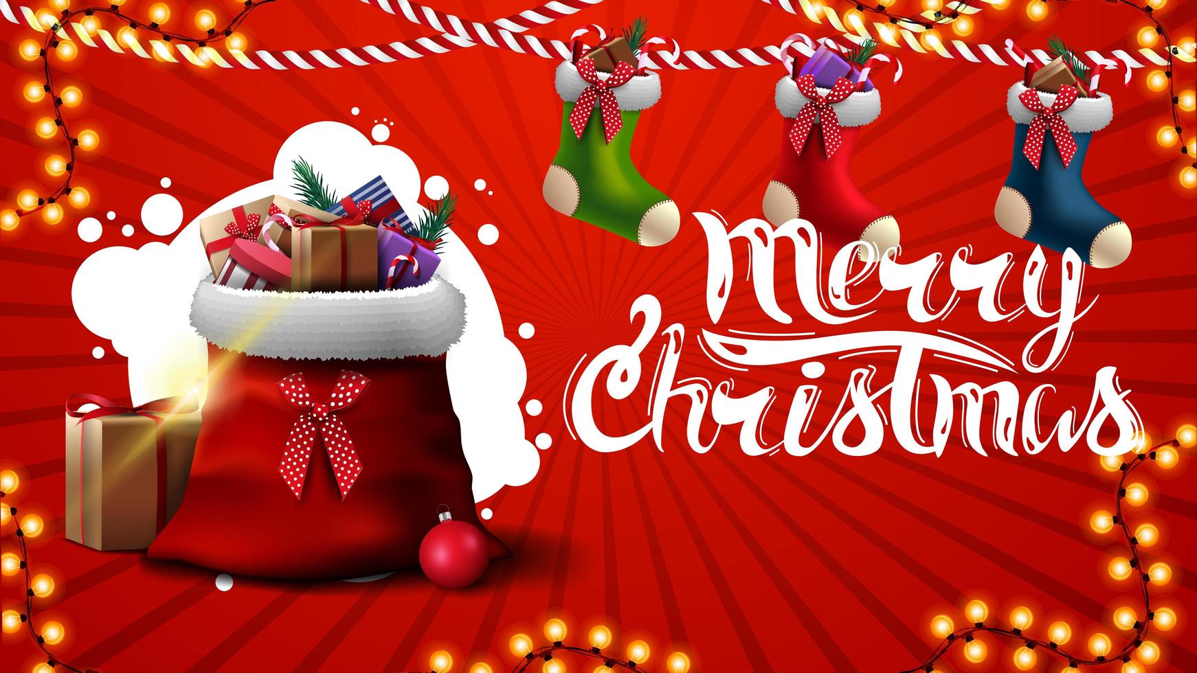 god jul, rött gratulationskort med julstrumpor och jultomtenpåse med gåvor vektor