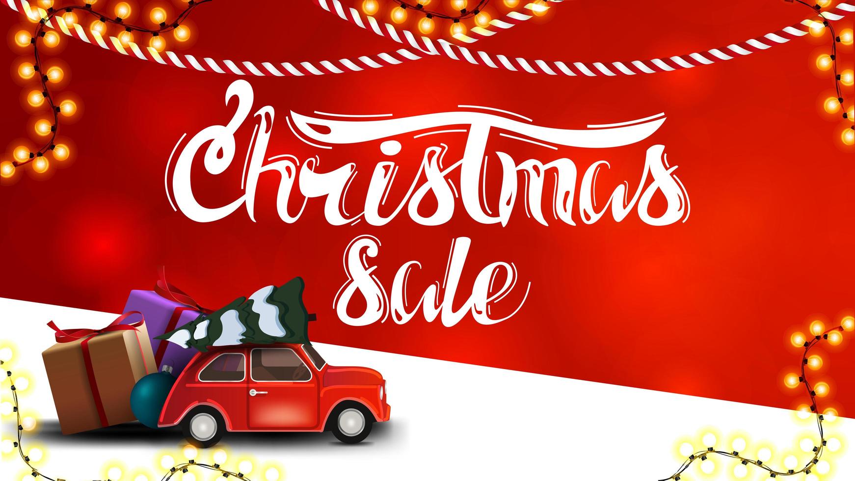 Weihnachtsverkauf, rotes Rabattbanner mit unscharfem Hintergrund, Girlanden und rotem Oldtimer, der Weihnachtsbaum trägt vektor