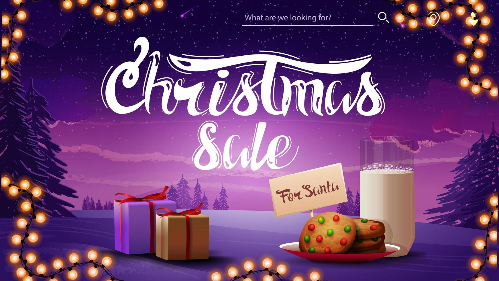julförsäljning, lila rabattbanner med krans, present och kakor med ett glas mjölk till jultomten. rabatt banner med vinternattlandskap vektor