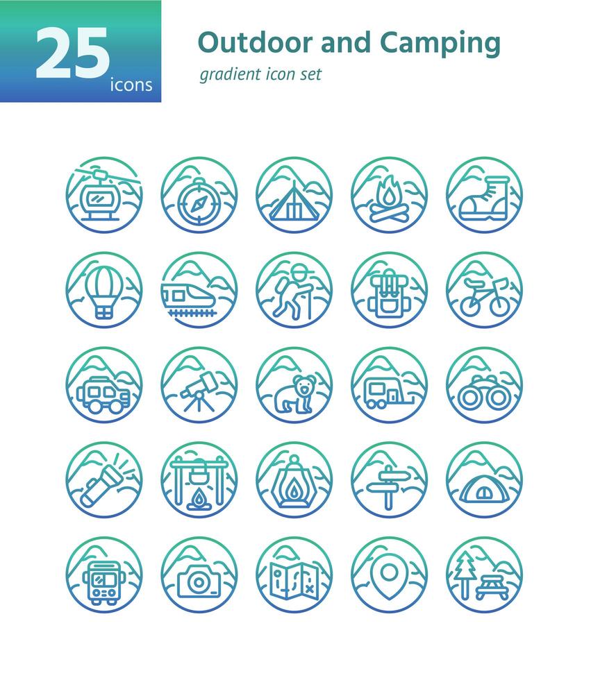 Outdoor- und Camping-Farbverlaufsymbol sel. Vektor und Illustration.