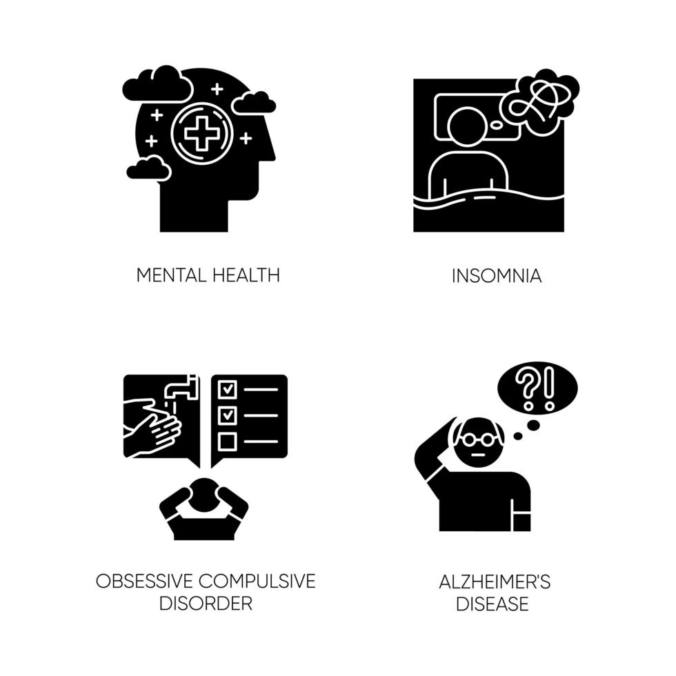 Glyphensymbole für psychische Störungen festgelegt. Schlaflosigkeit und Schlafentzug. Zwangssyndrom. Alzheimer-Erkrankung. Demenz ab dem Alter. Silhouette Symbole. Vektor isolierte Illustration