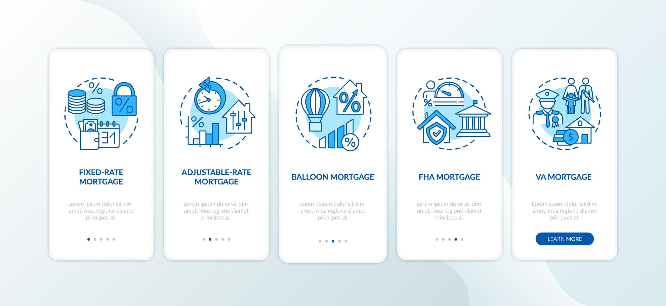 Hypothekentypen Onboarding Mobile App Seite Bildschirm mit Konzepten vektor