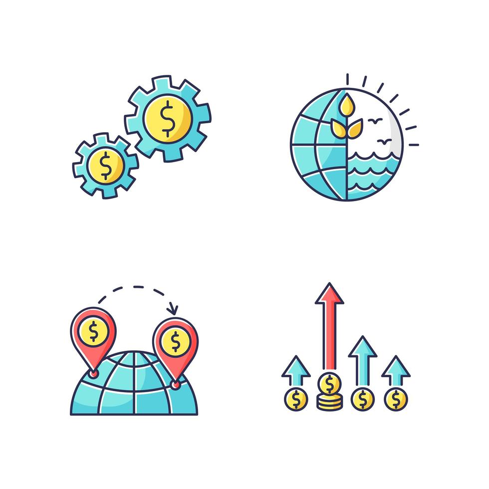 internationales Geschäft, globaler Handel RGB-Farbsymbole eingestellt. Vermögenswerte und natürliche Ressourcen mit. Handel, Welthandel, Wettbewerbsvorteil. isolierte Vektorillustrationen vektor