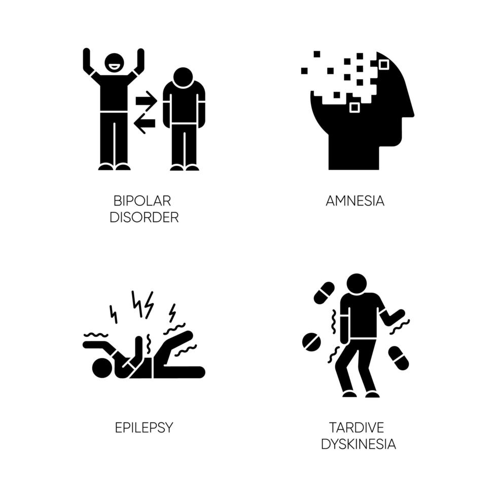 psykiska störningar glyph ikoner set. maniska och depressiva episoder. bipolär sjukdom. amnesi. minnesförlust. epileptiskt anfall. tardiv dyskinesi. silhuett symboler. vektor isolerad illustration