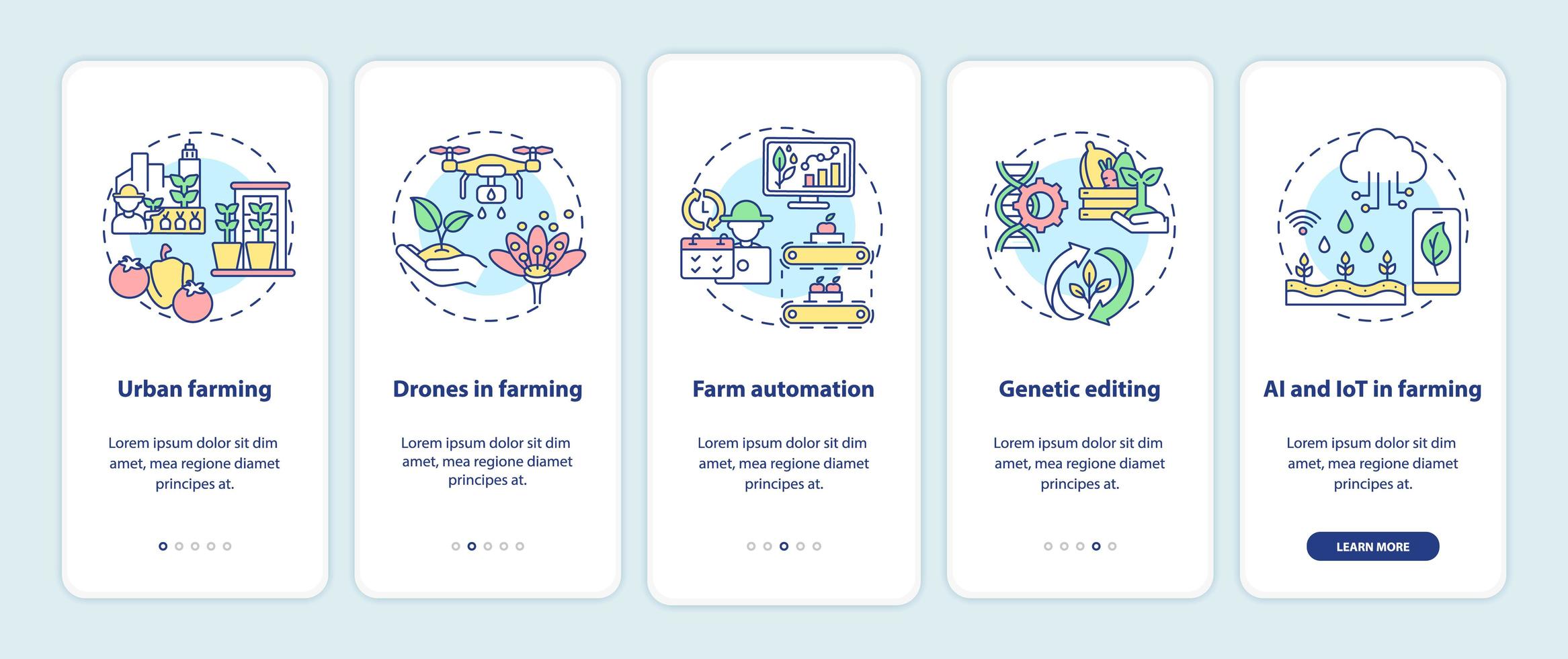 Landwirtschaft Innovation Innovation Onboarding Mobile App Seite Bildschirm mit Konzepten vektor