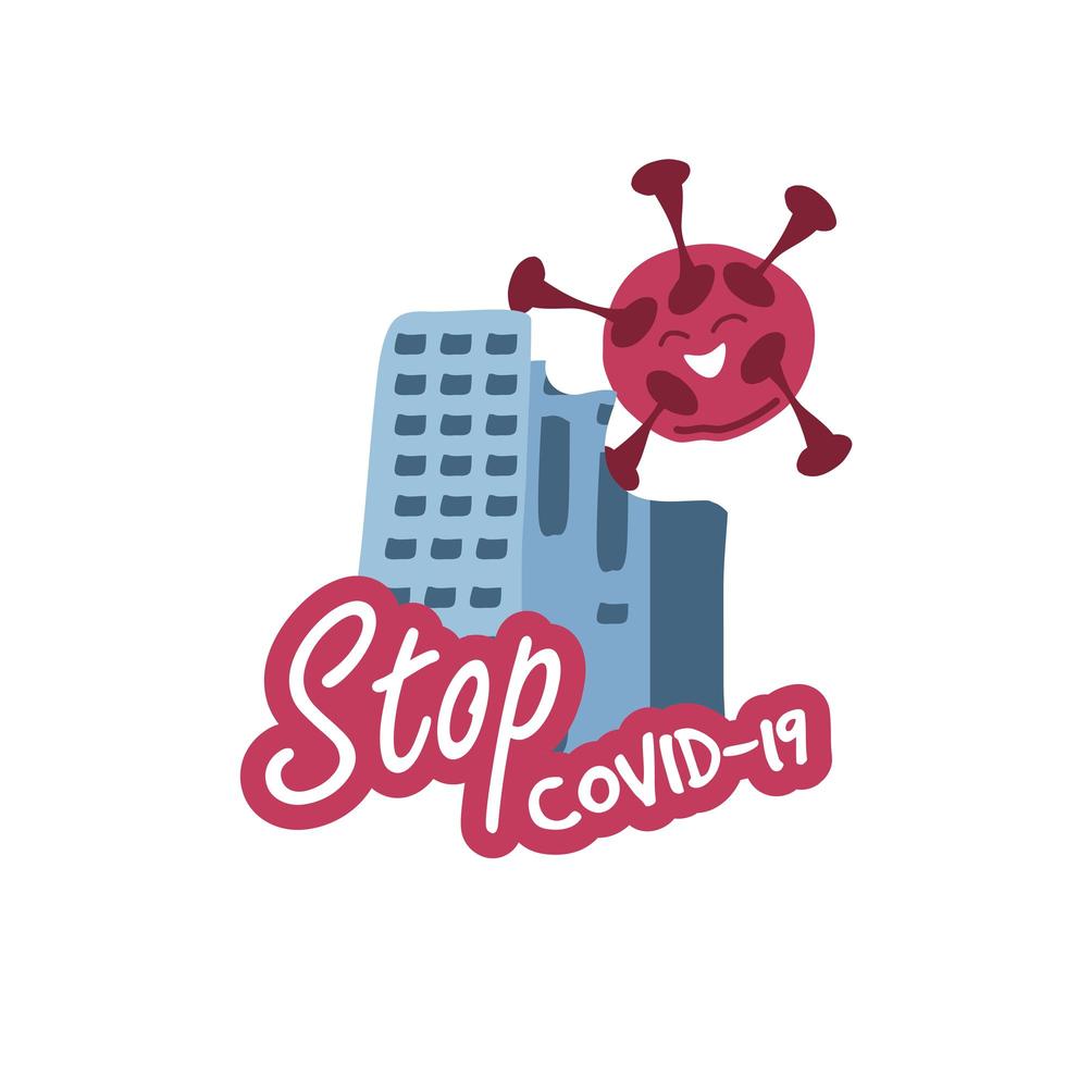 Stop Covid 19, roter Virus schwebt über der Skyline der Stadt vektor
