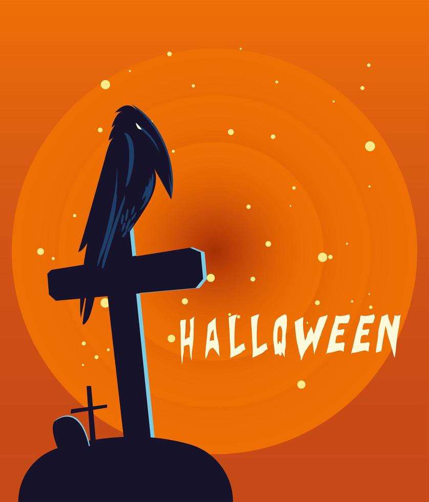 Halloween-Rabenkarikatur auf Grabvektorentwurf vektor