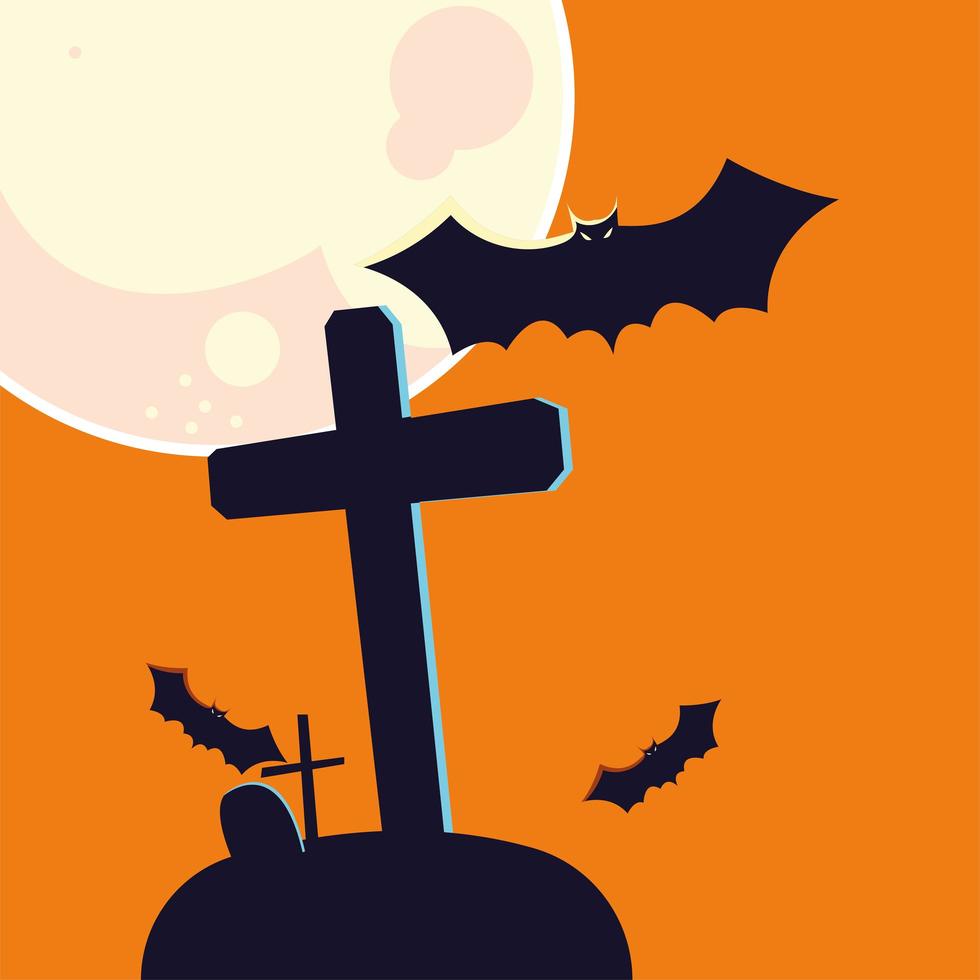 Halloween Fledermaus Cartoon und Grab vor Mond Vektor Design
