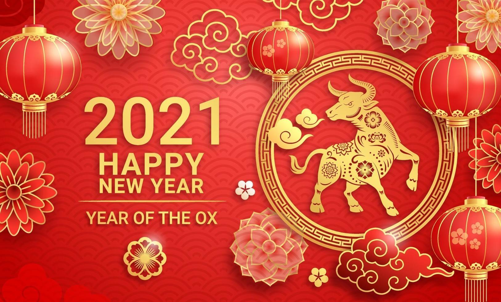 kinesiskt nyår 2021 gratulationskort bakgrund oxens år. vektor illustrationer.