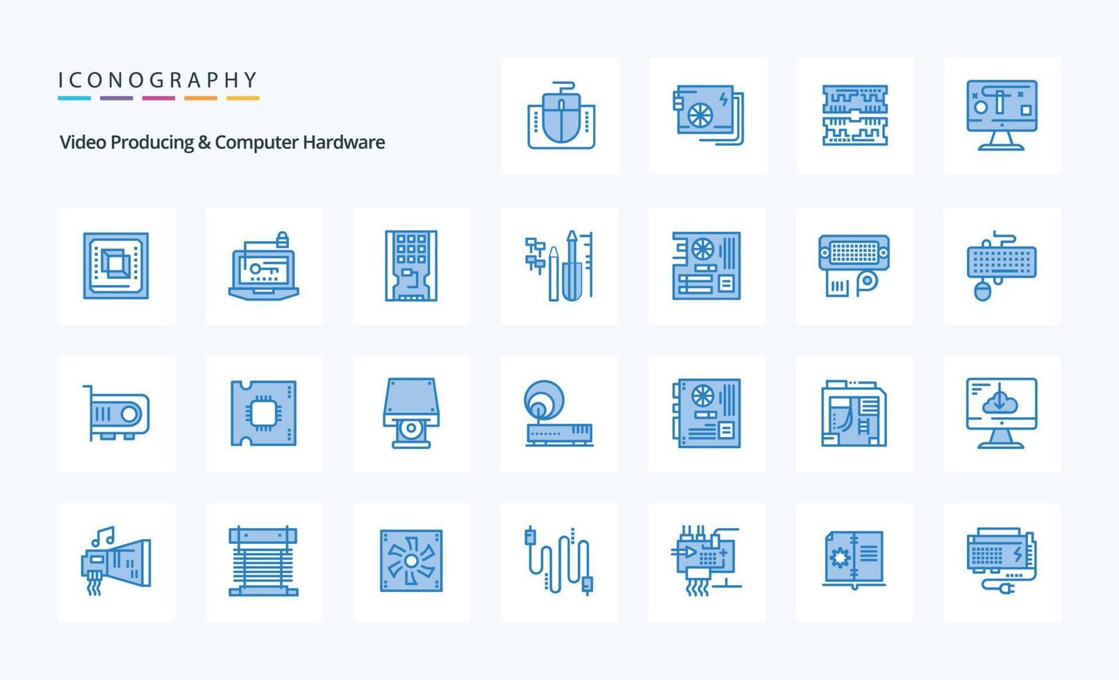 25 video producerar och dator hårdvara blå ikon packa vektor