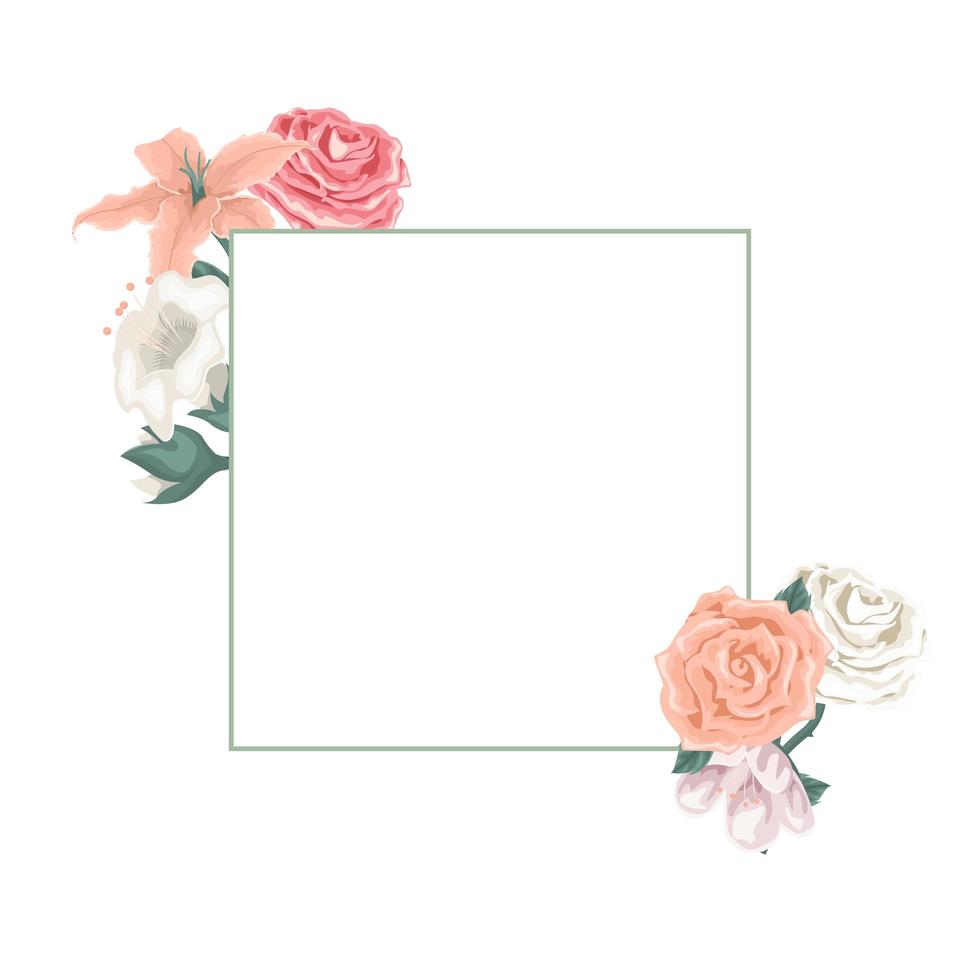 vackert kort med ram av blommor och rosor vektor