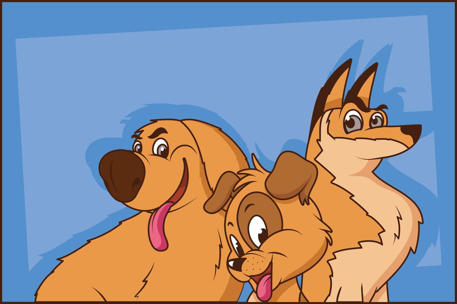 grupp av tre hundar komiska seriefigurer i blå bakgrund vektor