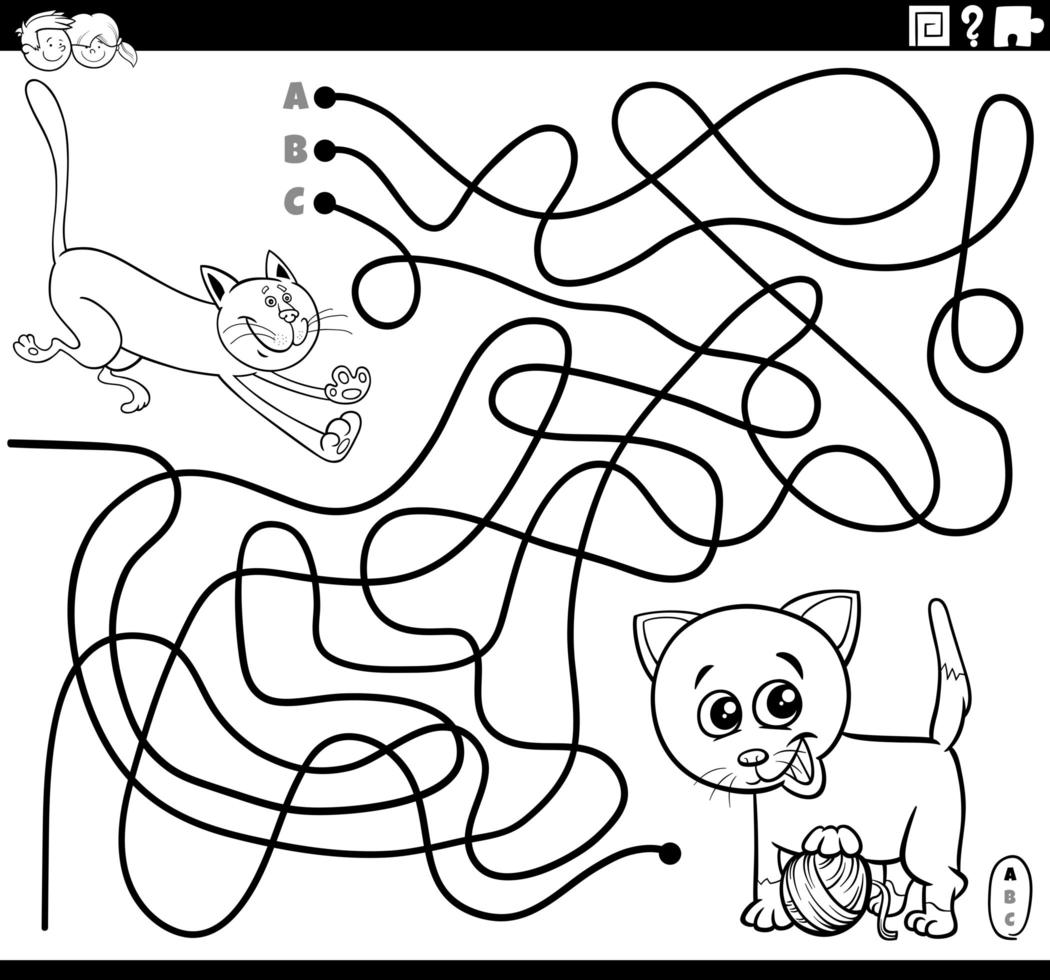 Labyrinth mit verspielten Katzen Malbuch Seite vektor