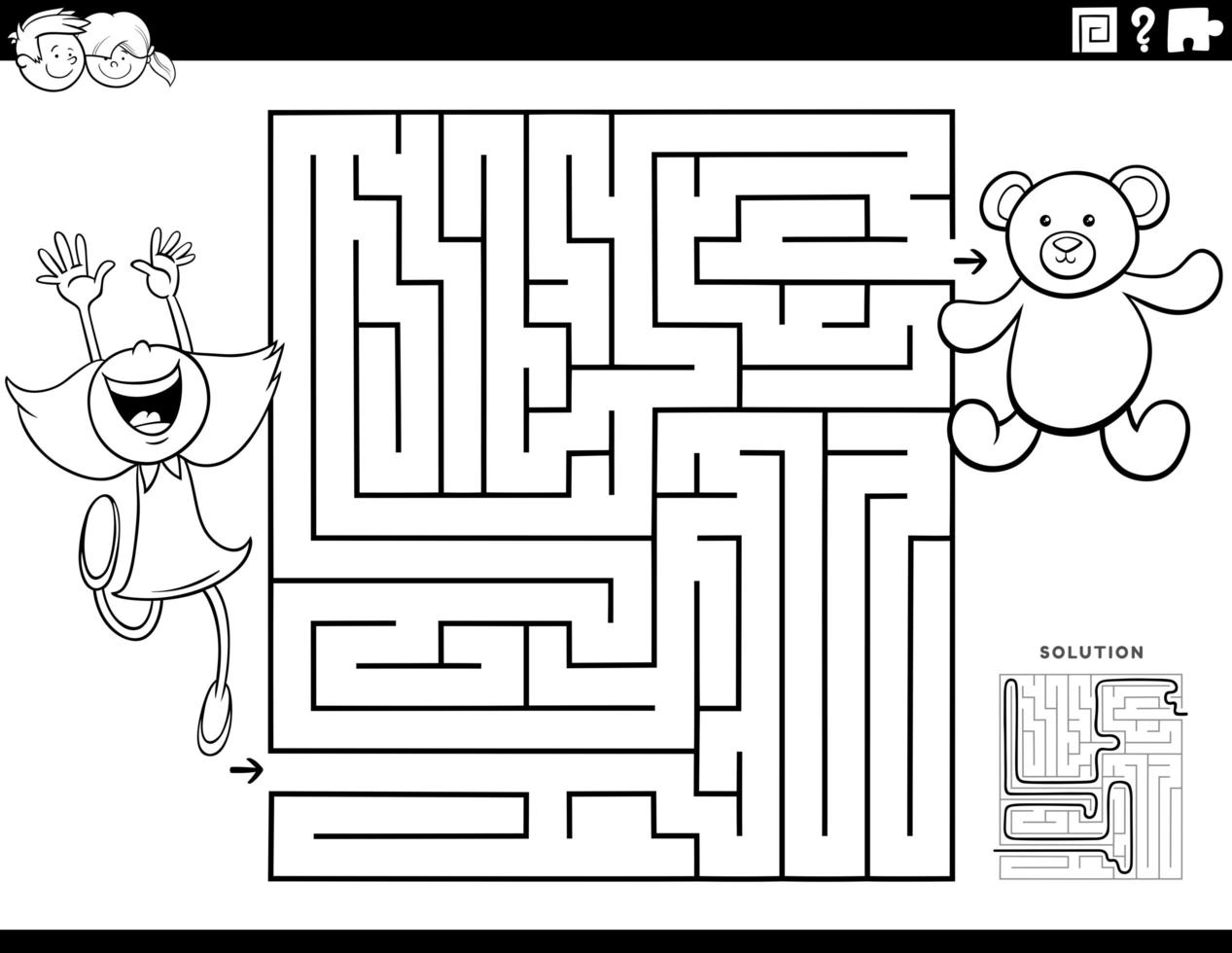 labyrint spel med flicka och nalle målarbok sida vektor