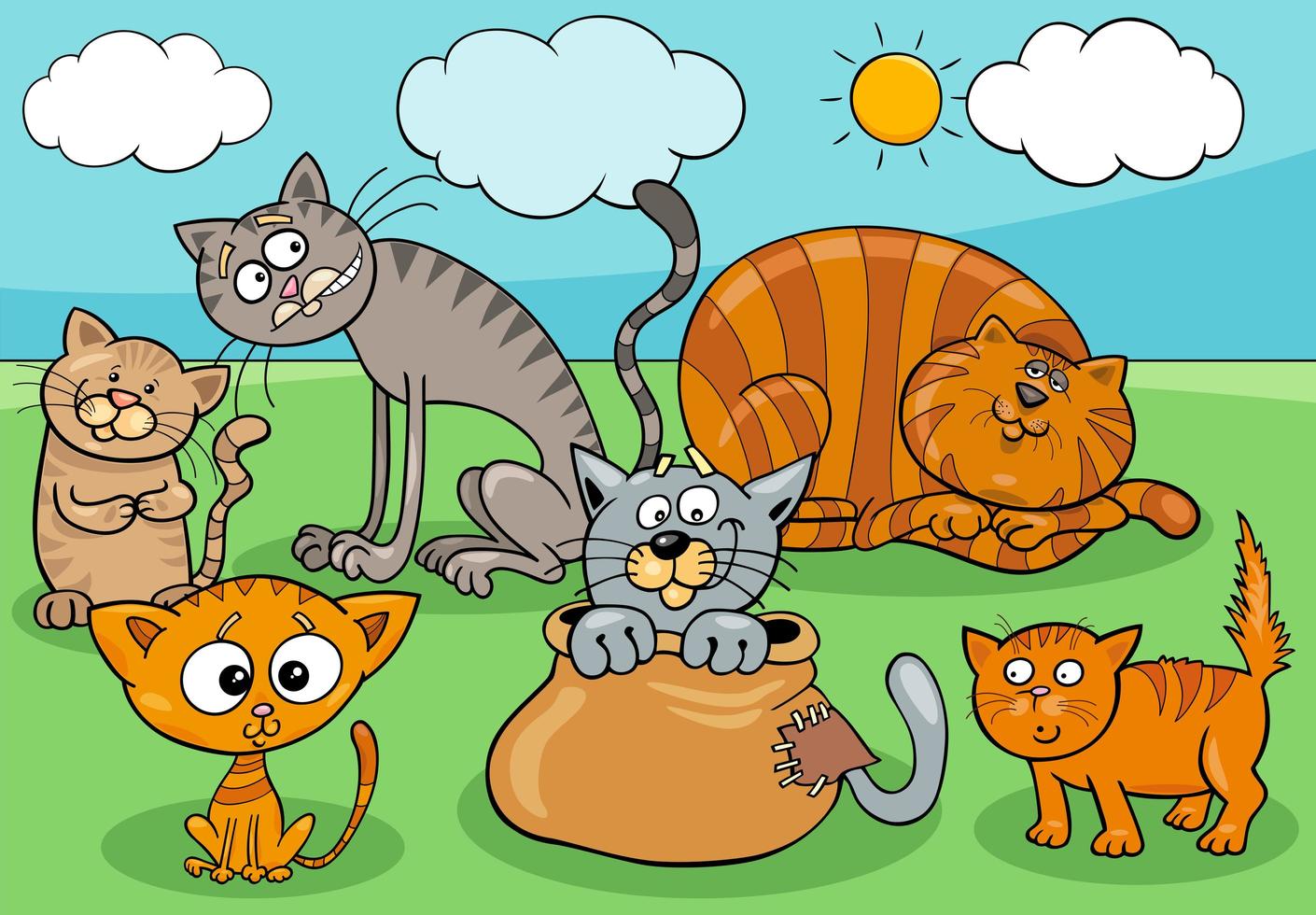 Katzen- und Kätzchengruppenkarikaturillustration vektor