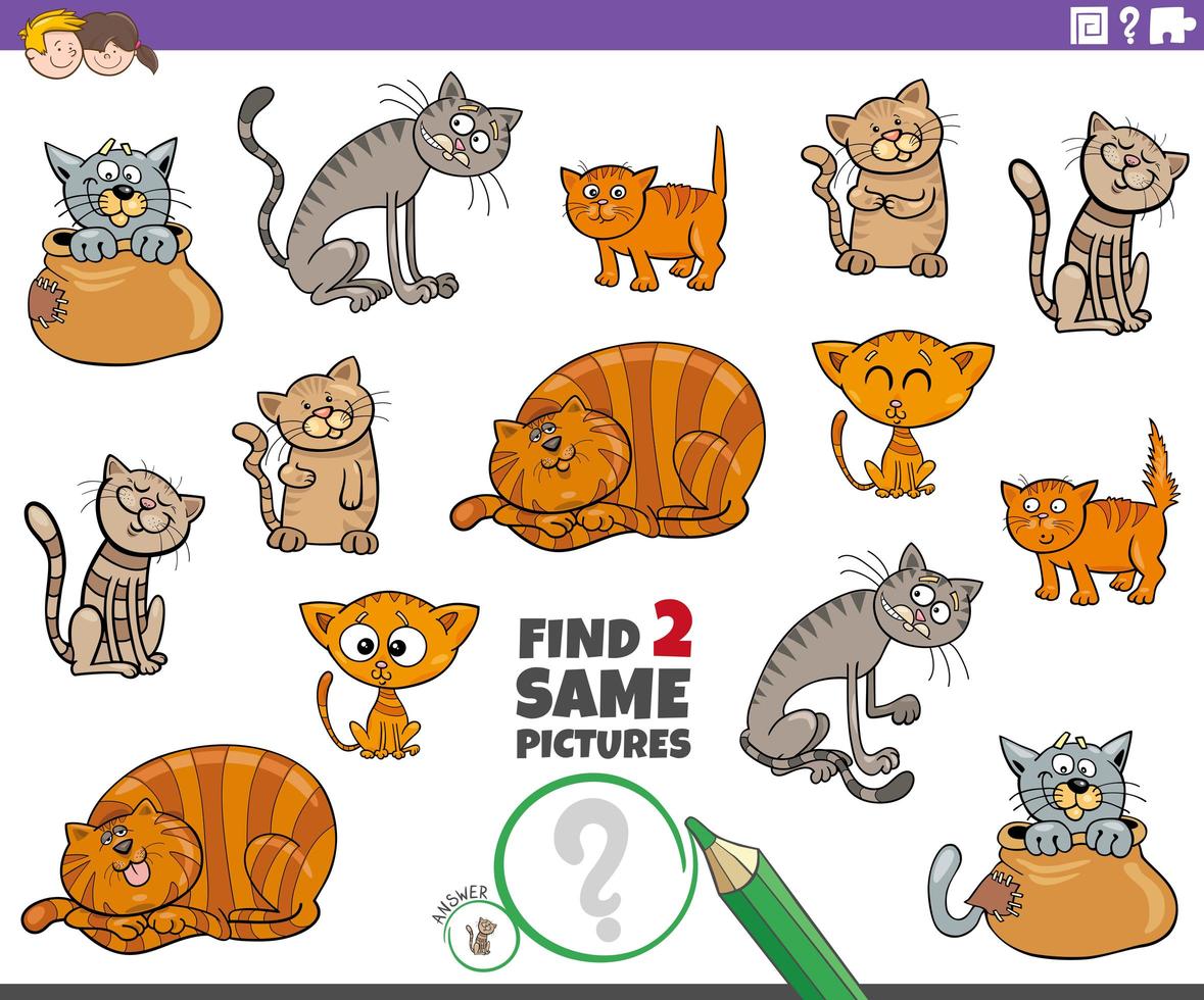 Finde zwei gleiche Katzen- oder Kätzchenfiguren für Kinder vektor