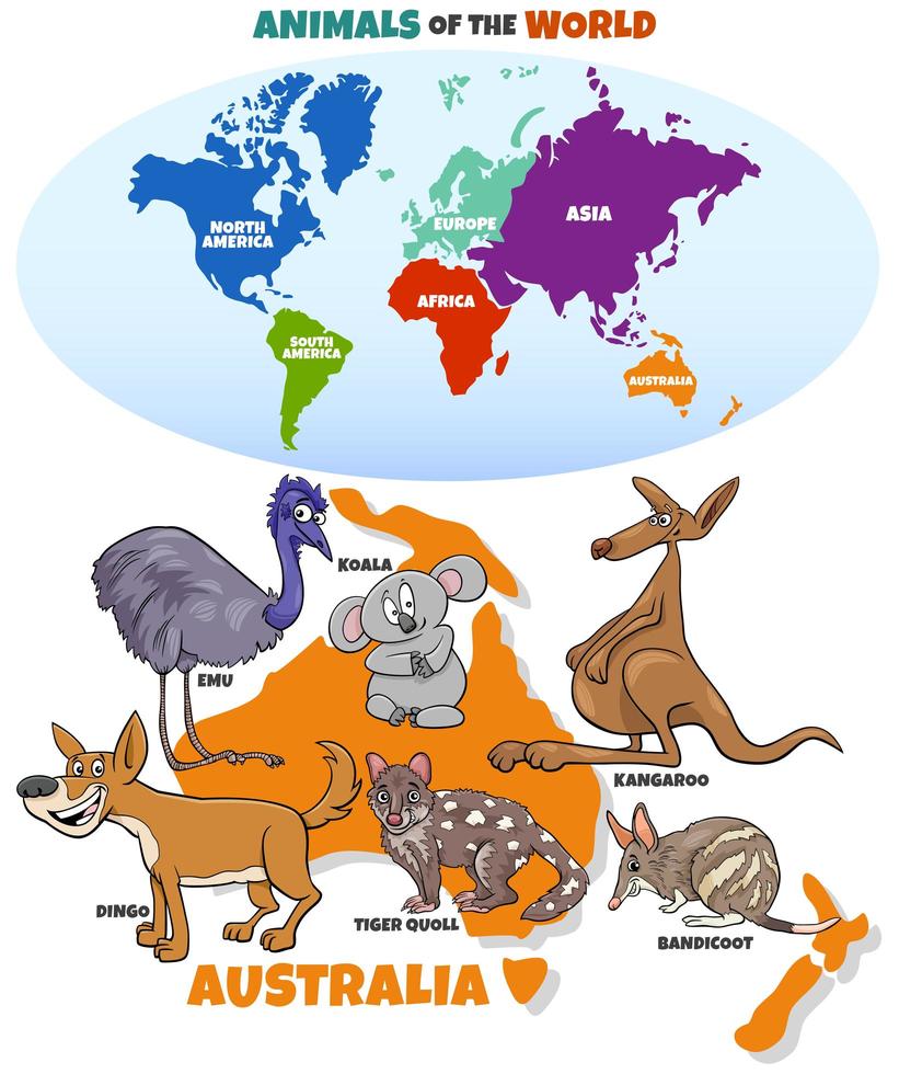 pädagogische Illustration mit Cartoon australischen Tieren und Karte vektor