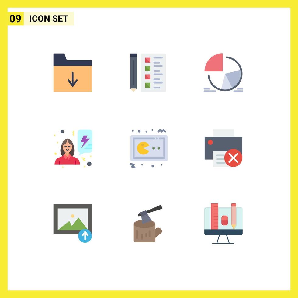 flacher farbsatz der mobilen schnittstelle von 9 piktogrammen von pac mann frauen diagramm power kreisdiagramm editierbare vektordesignelemente vektor
