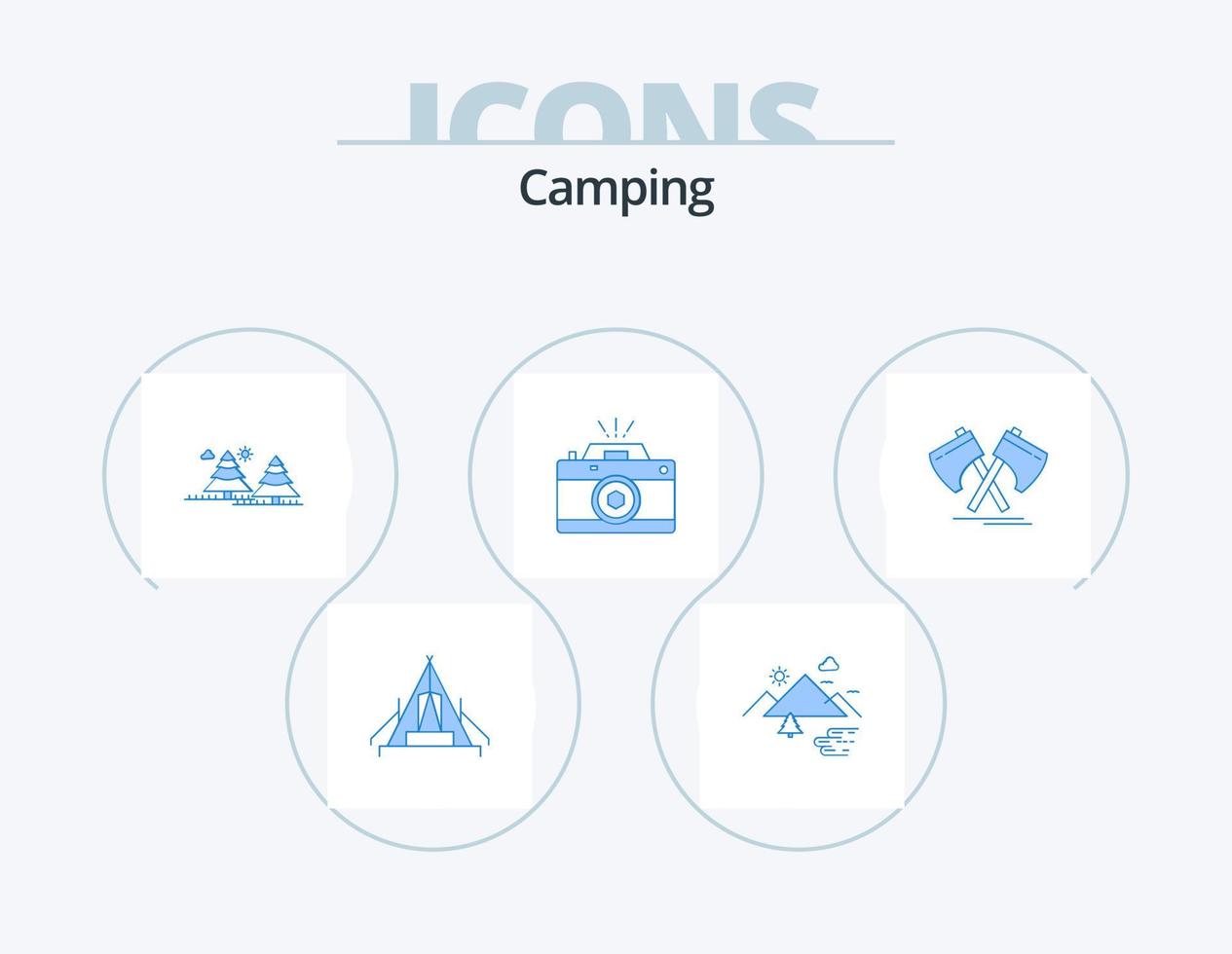 camping blå ikon packa 5 ikon design. fotografi. tallar. utomhus. träd. camping vektor