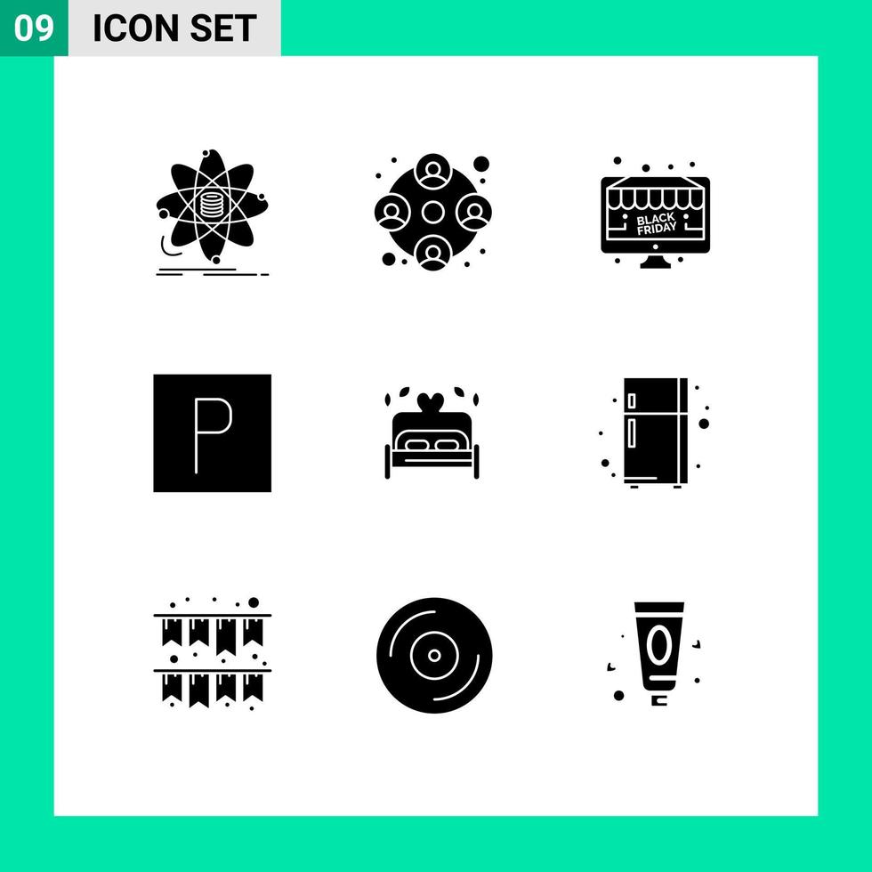 Gruppe von 9 soliden Glyphen Zeichen und Symbolen für Bettparkplatz Monitor editierbare Vektordesign-Elemente vektor
